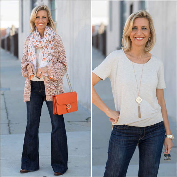 A spring look styled with a multi colored yarn womens cardigan and scarf