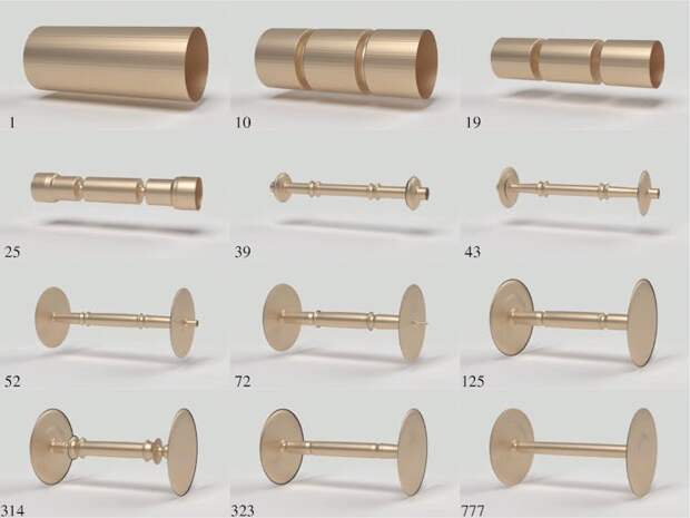 This diagram shows twelve illustrations, progressing from images of rollers to a wheel-and-axle structure.