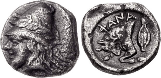 Диабол-фанагория-393г. до н.э.кабира в конической шапке, украшенной венком+бадающ. бык-ФАNА