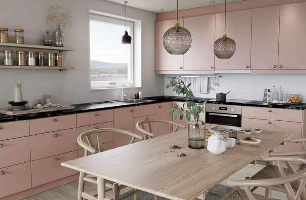 бледно-розовая кухня