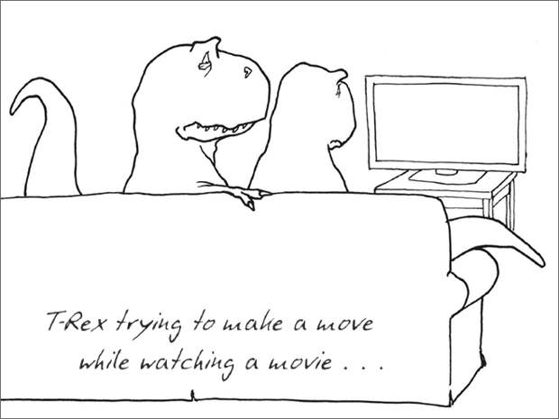 12. «Ти-Рекс пытается романтично приобнять подругу во время просмотра фильма…» динозавр, иллюстрация, рекс, рисунок, художник, юмор