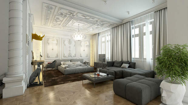 Огромный серый диван квартиры в стиле китч