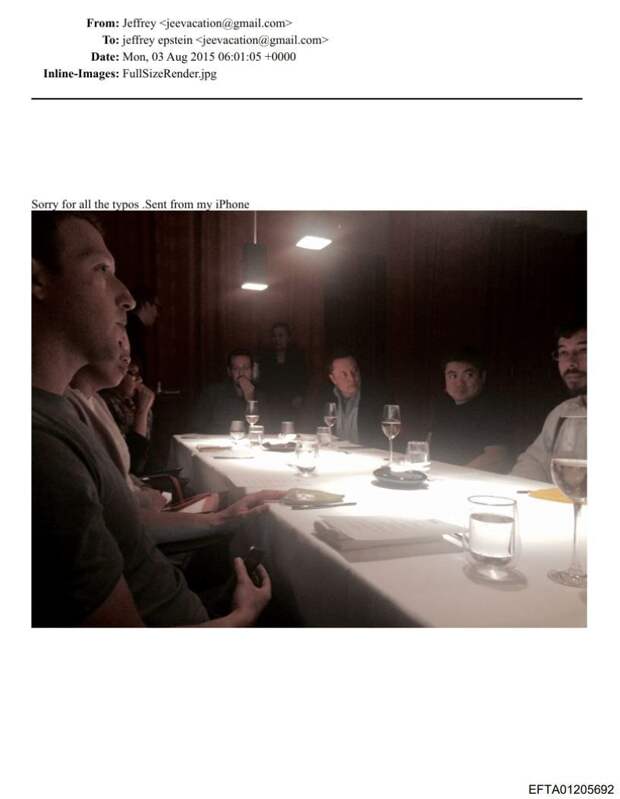 ❗Эпштейн сделал фотографию во время ужина с Цукербергом и Маском в 2015 году и