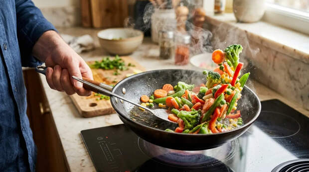 Быстрая обжарка замороженных овощей на сковороде помогает сохранить витамины. Фото.