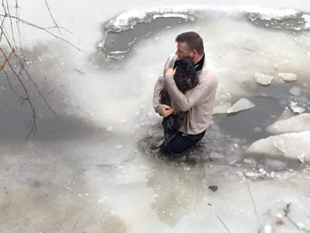 Спасение собаки из ледяной воды