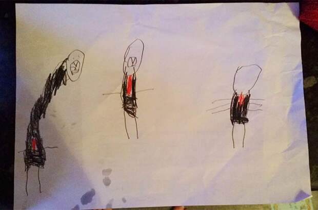 My 5 Year Old Sons Drawing Of His Imaginary Friends, Long Neck, Big Tooth Guy And No Face