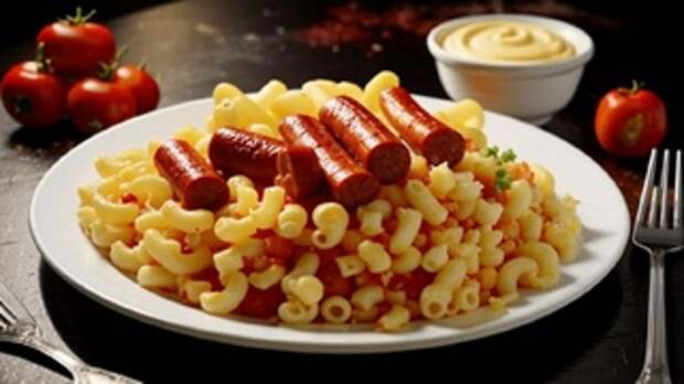 Макароны с кетчупом, майонезом и сосиской / Изображение сгенерировано с помощью нейросети Kandinsky by Sber AI / amic.ru