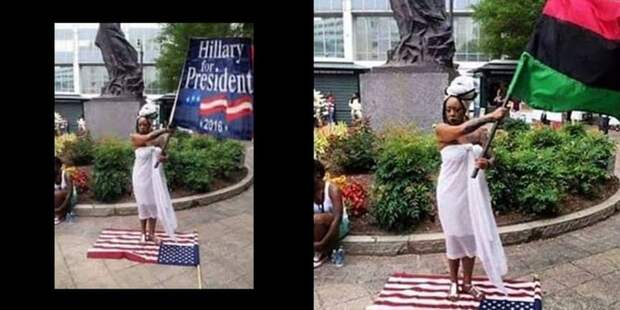 Женщина агитирует за Хиллари Клинтон, стоя при этом на флаге Америки? Что? вирусное фото, подделка, фейк