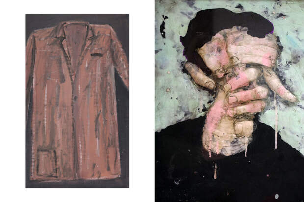 Слева: Михаил Рогинский, «Розовый пиджак с проймами», 1992 год / Пётр Дьяков, «Портрет с фотокарточки», 2022 год