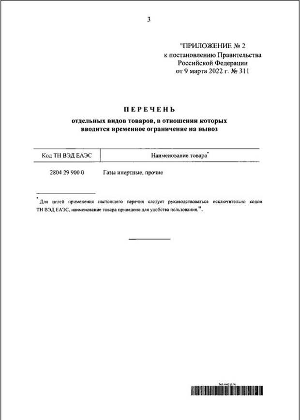 Россия ограничила экспорт инертных газов Россия ограничила экспорт инертных газов