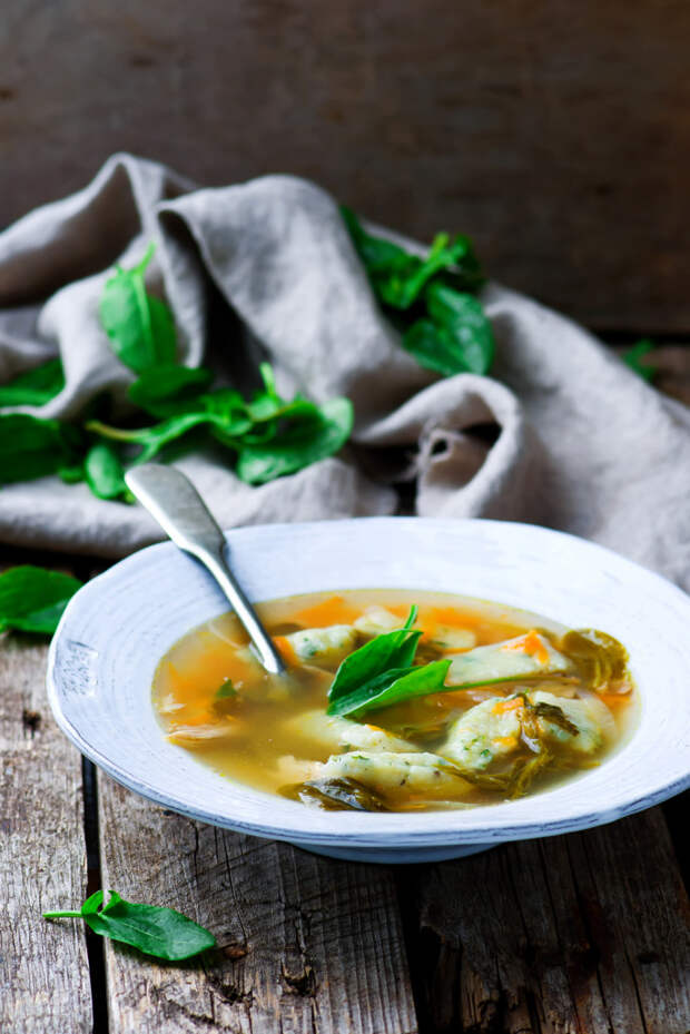 Soup with a sorrel. Selective focus. Style rustic