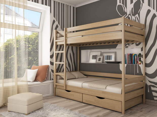 Один из наиболее популярных вариантов деревянной двухъярусной кровати.