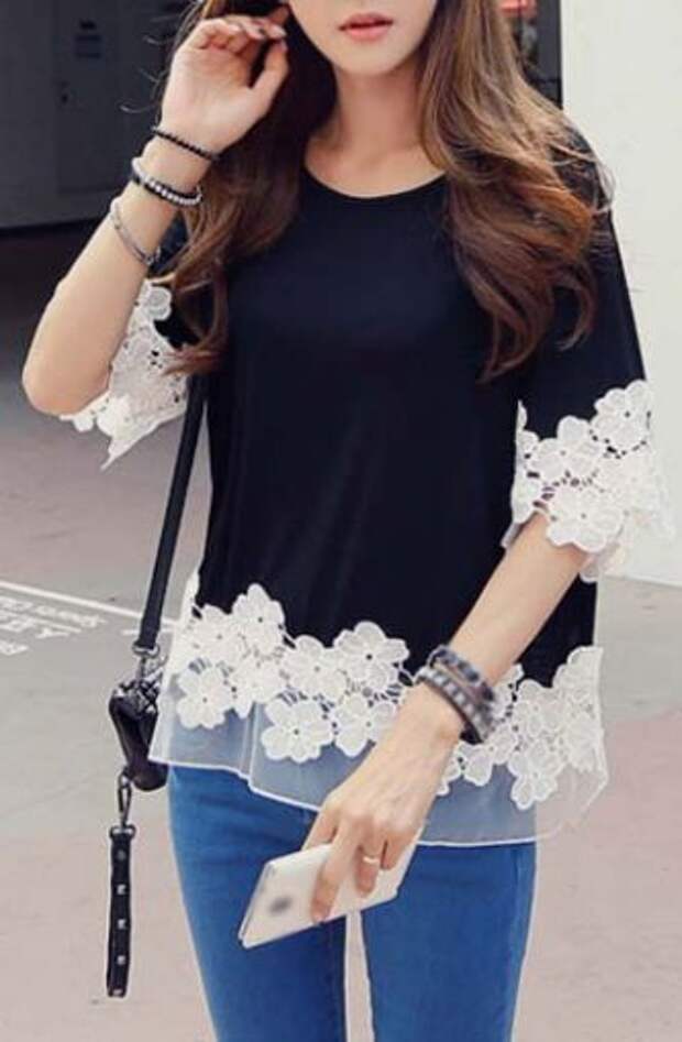 Fashionable Half Sleeve Lace Splicing T Shirt Black: 