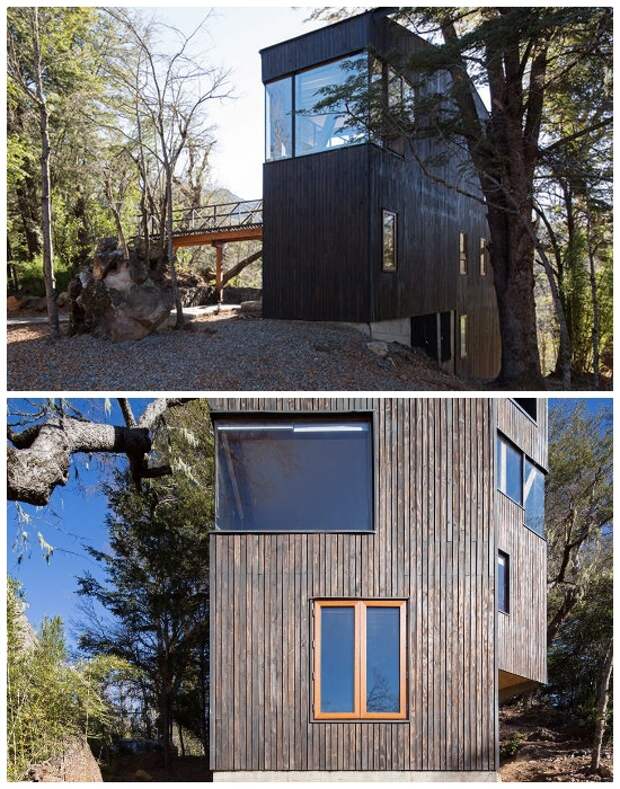 Экстерьер дома выполнен из натуральных материалов и украшен панорамными окнами (La Dacha, Чили).