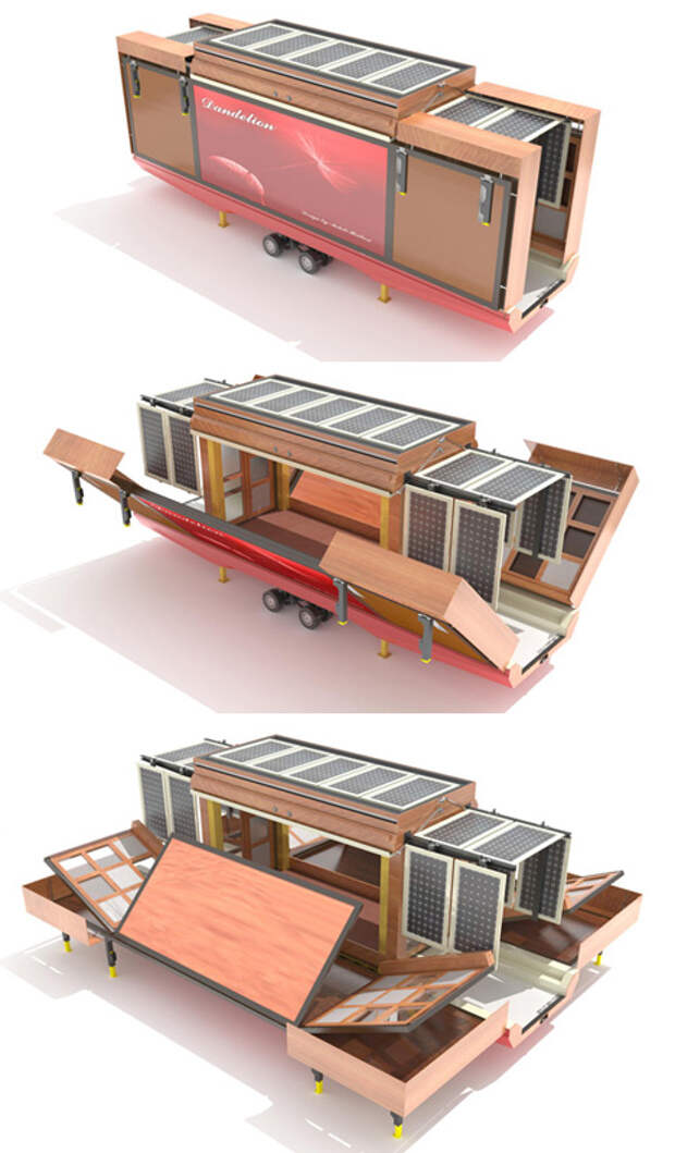 Дом на колесах. Проект дома от Mehdi Hidari Badie design - полная автономность за счет большого количества солнечных батарей за раскладывающимися панелями. В разложенном состоянии дом получает крыльцо и веранду. Остается только добавить навес