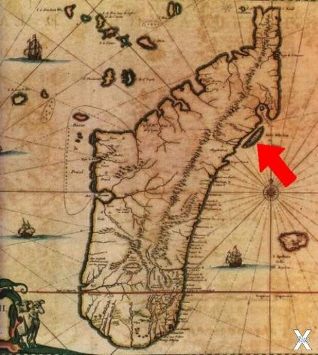 Карта Мадагаскара. Красным отмечено возможное местоположение республики Либерталия