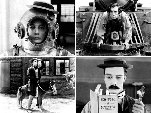 Кадры из фильмов «Навигатор» (1924), «Генерал» (1927), «Наше гостеприимство» (1923) и «Шерлок младший» (1924)
