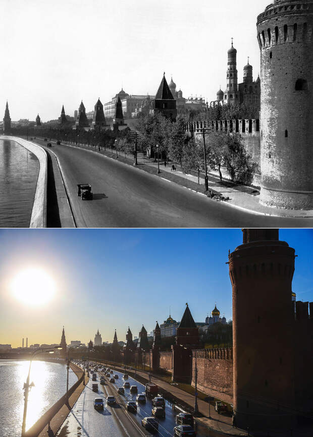 Сверху: вид на Кремлевскую набережную, 1944 год / снизу: вид на Кремлевскую набережную, наши дни