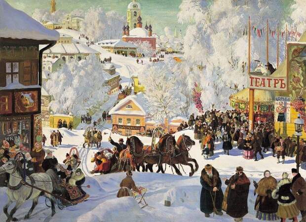 В понедельник начиналась встреча Масленицы - люди сооружали её чучело и возили его в санях