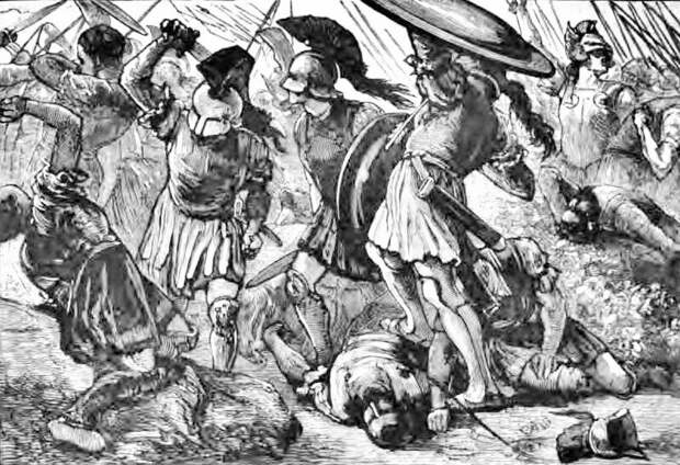 Битва при Херонее (Иллюстрированная универсальная история Касселла) в ходе которой Филипп II разгромил объединенную армию греческих городов-государств. Спарта в битве участия не принимала. 