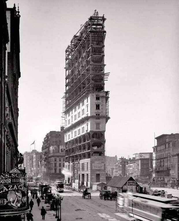 Строительство на площади Нью-Йорка, именуемой Лонгакр-сквером. Спустя год она получит название Таймс-сквер. 1903 год. история, ретро, фотографии