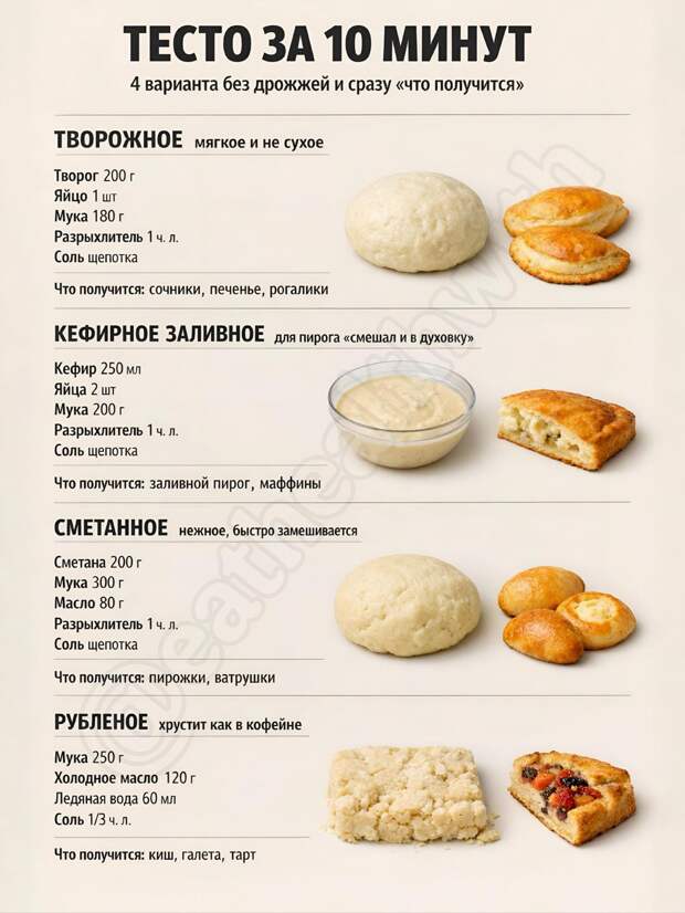 Кулинария>Тесто за 10 минут - 4 волшебных варианта без дрожжей!!