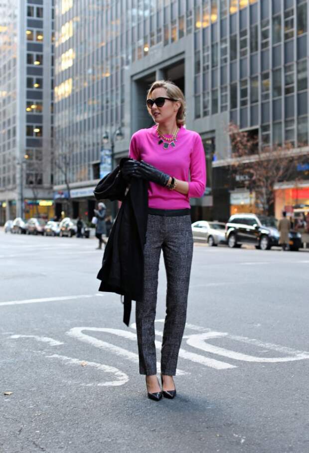 best-neon-pink-sweater-grey-tweed-pants