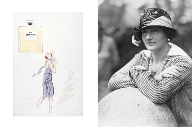 Слева: иллюстрация Жоржа Гурса, реклама духов Chanel № 5, 1921 год / Коко Шанель, 1929 год