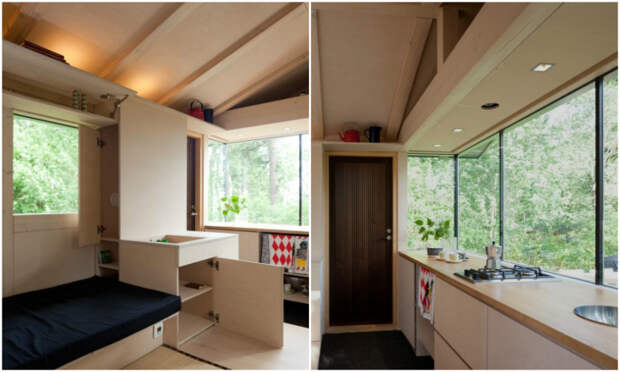 В крошечном домике удалось создать полноценную кухню и гостиную (Финляндия). | Фото: hinteriorsmall.ru.