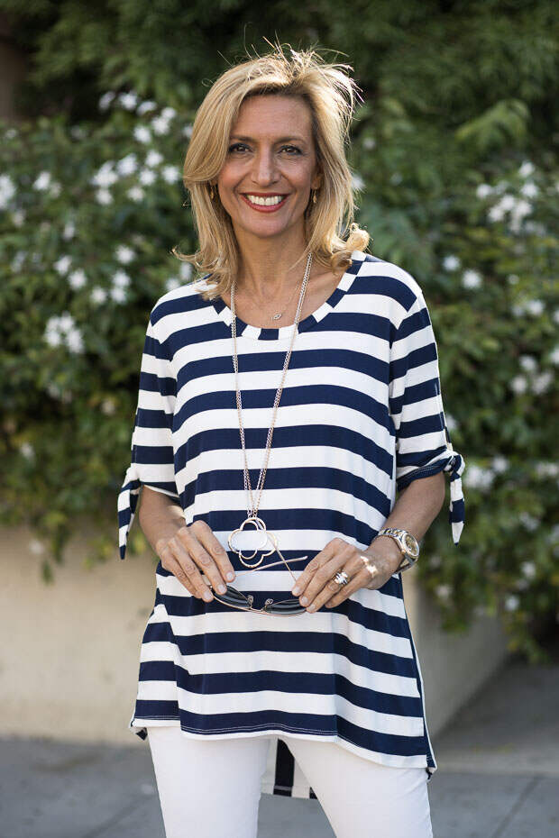 Navy and white stripe top with tie sleeves