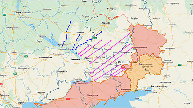 РОЗОВЫМ ЗАШТРИХОВАНЫ ТЕРРИТОРИИ, С КОТОРЫМИ УКРАИНЕ ПРИДЁТСЯ ПОПРОЩАТЬСЯ В РАМКАХ СТРАТЕГИЧЕСКОГО СОКРАЩЕНИЯ ЛИНИИ ФРОНТА. СИНИМ — ПРИМЕРНЫЕ РУБЕЖИ ОБОРОНЫ ПО РЕКАМ. ИСТОЧНИК: LOSTARMOUR.INFO