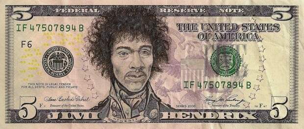 Джими - жив доллары, портреты на долларах, прикол, рисунки на долларах, юмор