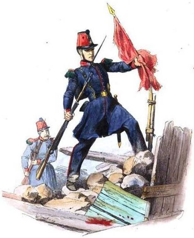 Каратели Кавеньяка срывают красный флаг со взятой ими баррикады в июньские дни 1848 г.