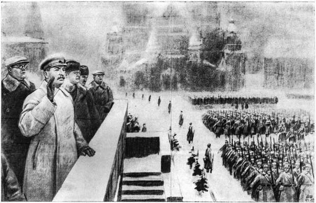 Щербаков (слева) на трибуне мавзолея во время парада 7 ноября 1941 г. Архивное изображение