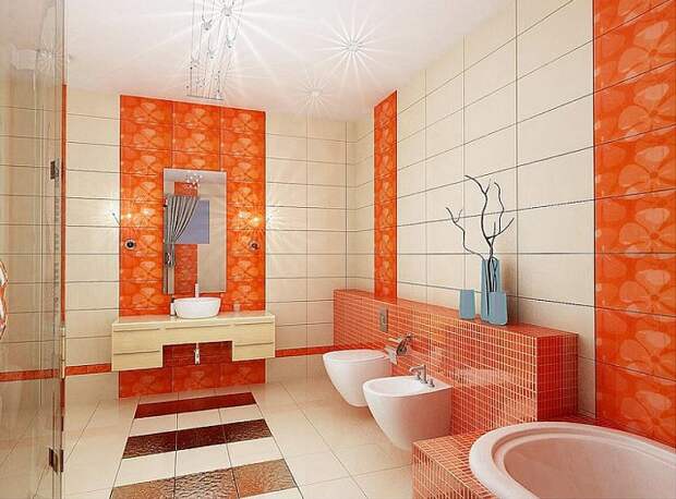 Интересное решение для оформления ванной комнаты в оранжевых с белым цветами, что станет находкой.