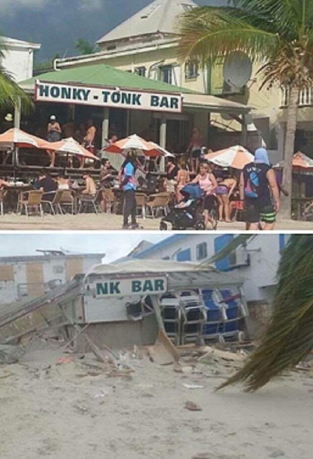 Популярный бар "Хонки-тонк" в Филипсбурге, остров Сен-Мартен, до и после урагана Центральная Америка, ирма, катастрофа, разрушения, стихийное бедствие, стихия, ураган, флорида