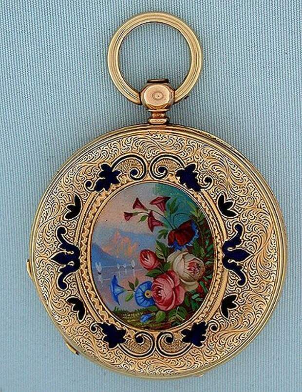 Beautiful Swiss 18 gold and painted enamel ladies keywind antique pendant watch retailed by Cooper, London, circa 1860. The engraved covers enriched with enamel foliage and centered with lovely and unusual painted enamel landscapes with bright flowers in the foregrounds. Overglaze scratched and small restorations. White enamel dial (tiny repairs) with blued steel hands. Gilt 13 jewel lever movement.: 