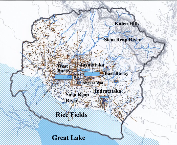 Карта водных путей и объектов Ангкора. \ Фото: ancientwatertechnologies.com. Карта водных путей и объектов Ангкора. \ Фото: ancientwatertechnologies.com.