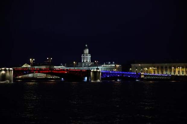 Три моста в Петербурге подсветили цветами флага России в честь праздника