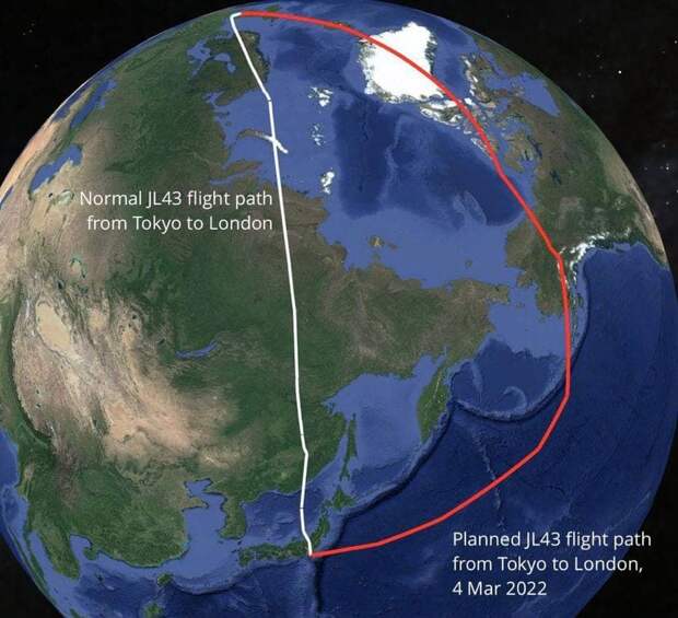 Сравнение маршрутов рейса JL43 Лондон-Токио над Россией