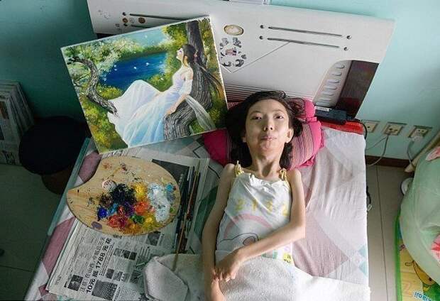 Всерьез увлекшись живописью три года назад, Чжан Цзюнли написала уже более 300 картин маслом и получила признание среди ценителей и знатоков болезнь, жажда жизни, инвалид, картины, китай, сила духа, художница, художница-инвалид