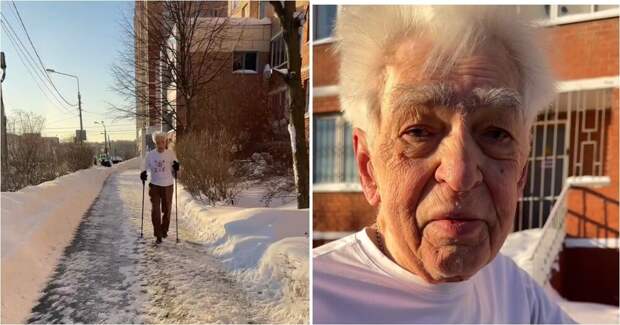 Москвич встретил 92-летнего дедушку, который закаляется в -17°С без куртки