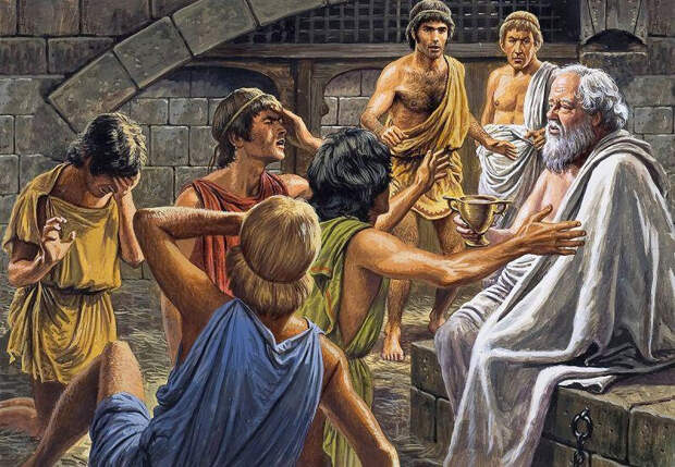 Сократ, держащий чашу с ядом, и его ученики. Картина современного художника
