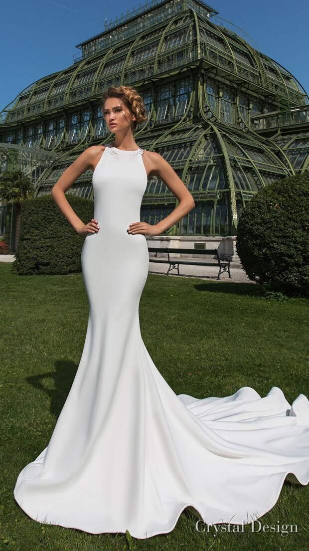 crystal design 2018 sleeveless halter neck simple clean elegant fit and flare wedding dress sheer lace back chapel train (keren) mv