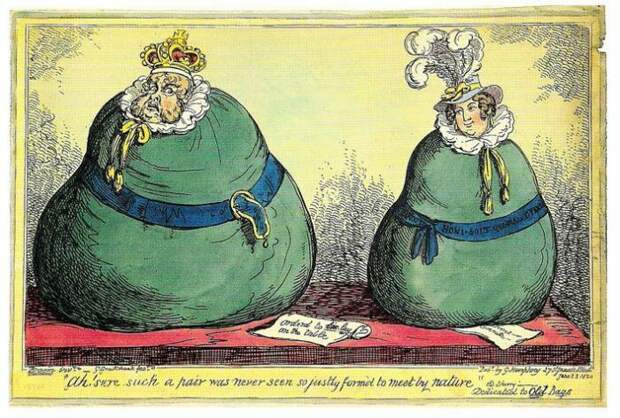 Карикатура на Георга и Каролину, изображающая их двумя большими зелёными сумками, в которых прибыли доказательства из Милана, Джордж Крукшанк, 23 июня 1820 год. \ Фото: alchetron.com.