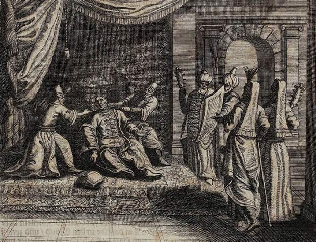 Удушение султана Ибрагима I мятежниками, гравюра XVII века. / Фото: wikipedia.org