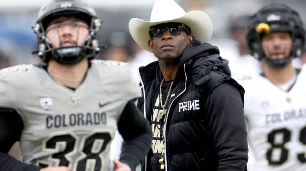 Deion Sanders watches on during the Colorado football team's spring game.