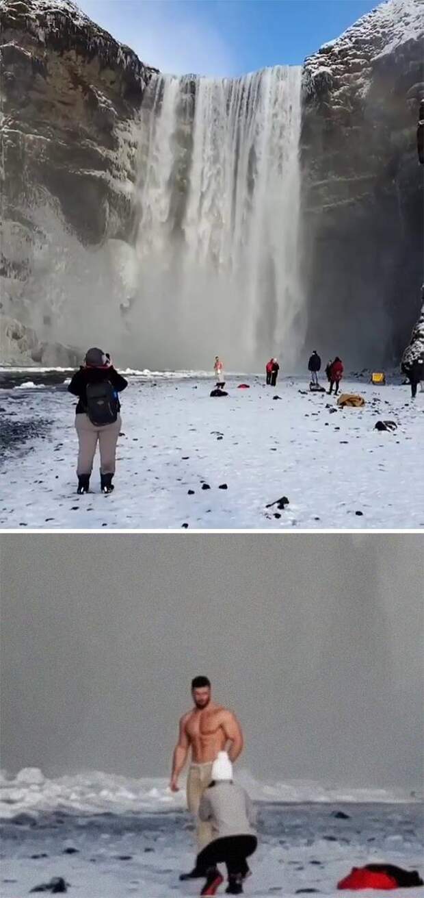 съемка, водопад, холод, мужчина