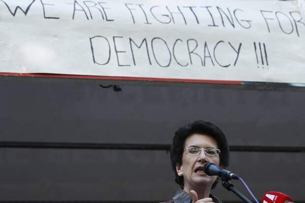 Georgia's opposition leader Burjanadze talks to supporters during an opposition rally in Tbilisi