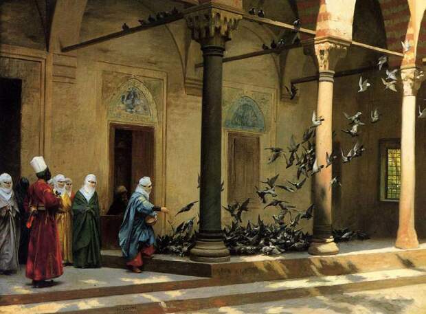 Grme,-Jean-Lon-(1824-1904)---Harem-Women-Feeding-Pigeons-...